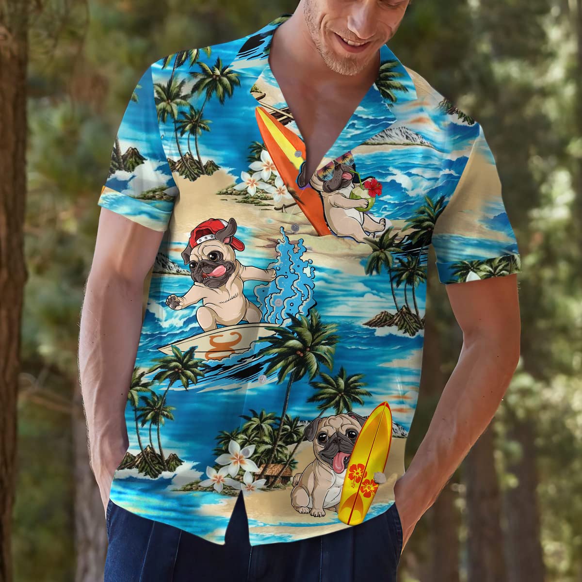 Surfing Pug Hawaiian Shirt – Funny Dog Beach Aloha Shirt for Dog Lovers
