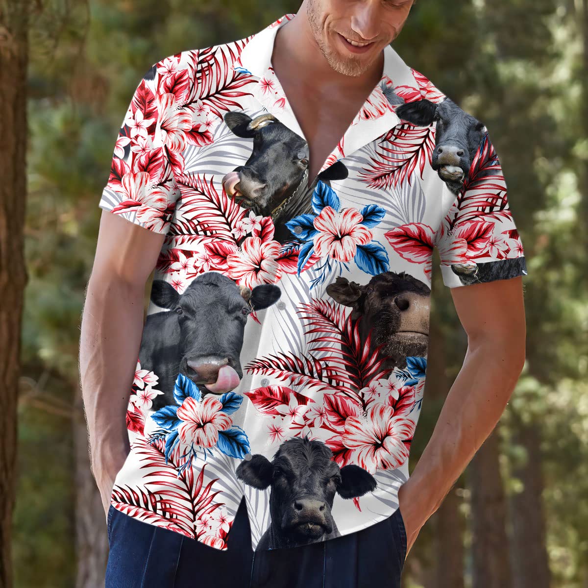 Funny Cow Hawaiian Shirt – Tropical Red & Blue Floral Print