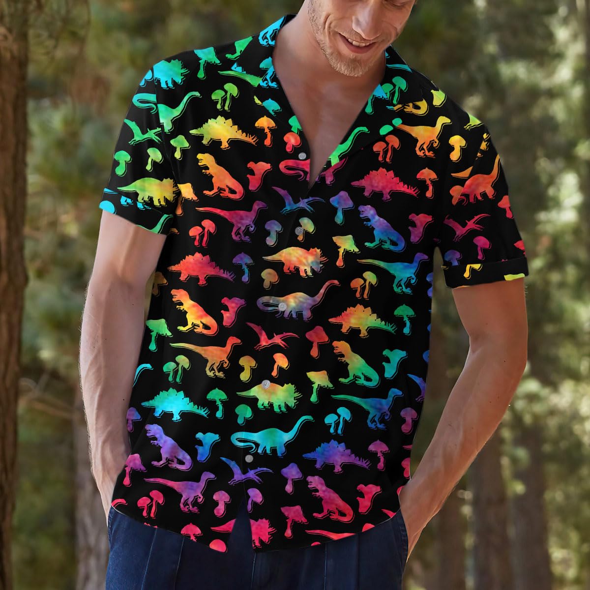 Rainbow Dinosaur Hawaiian Shirt – Colorful Dino & Mushroom Print