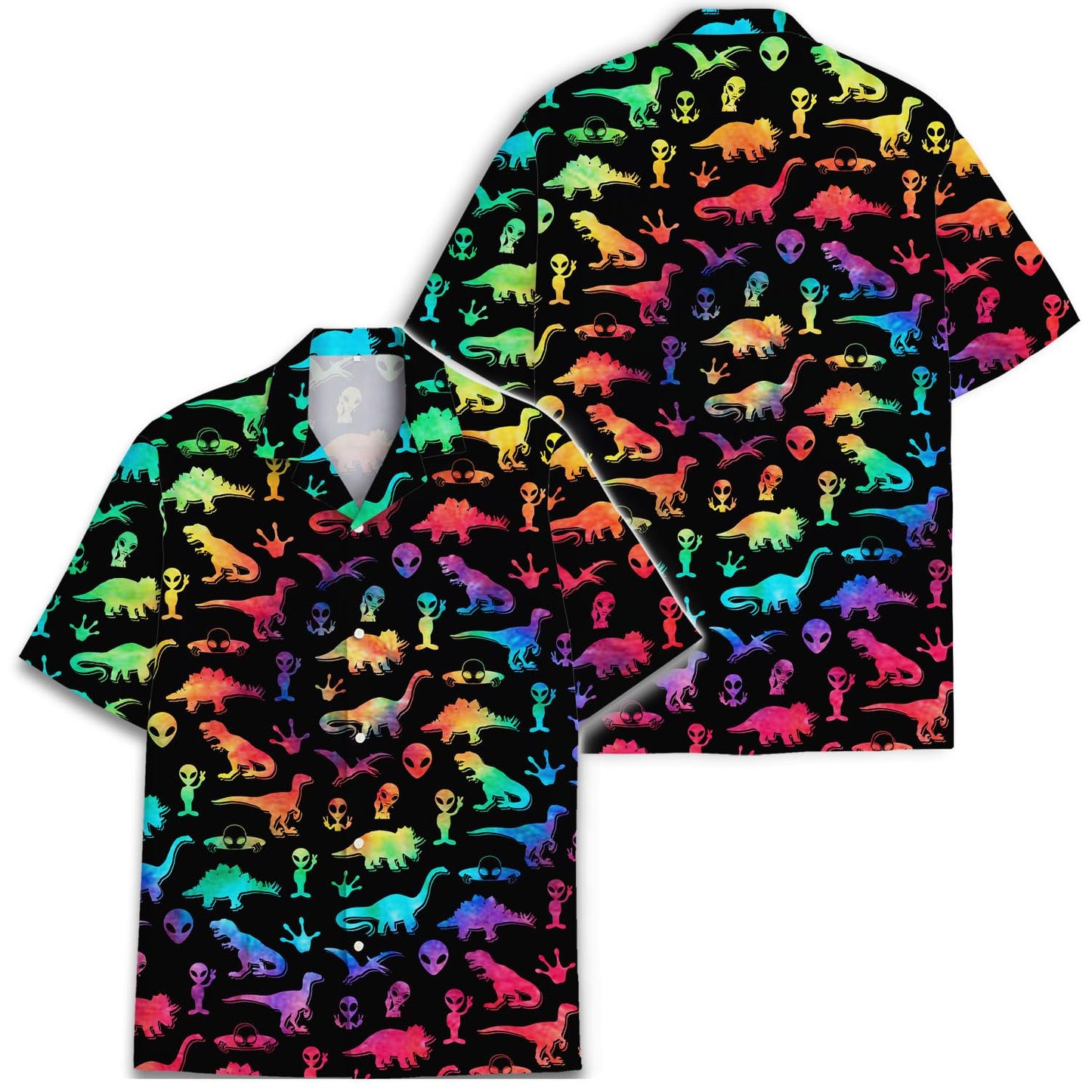 Rainbow Dinosaur Alien Hawaiian Shirt - Neon Galaxy Party Vibes