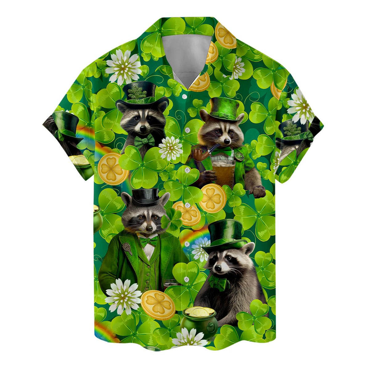 St. Patrick’s Day Raccoon Hawaiian Shirt – Lucky Leprechaun Clover Print