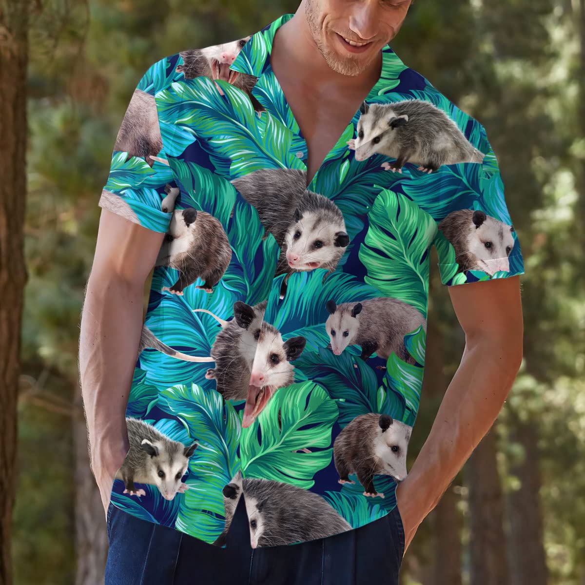 Funny Possum Hawaiian Shirt – Green Tropical Leaf Print Aloha Shirt