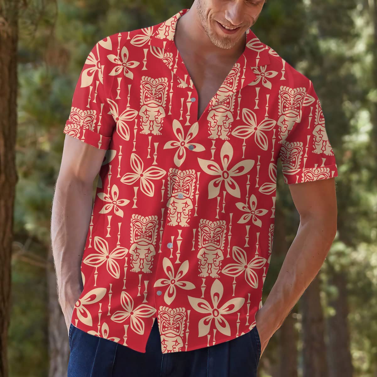 Red Tiki Hawaiian Shirt – Vintage Tribal Floral Print Aloha Beach Shirt