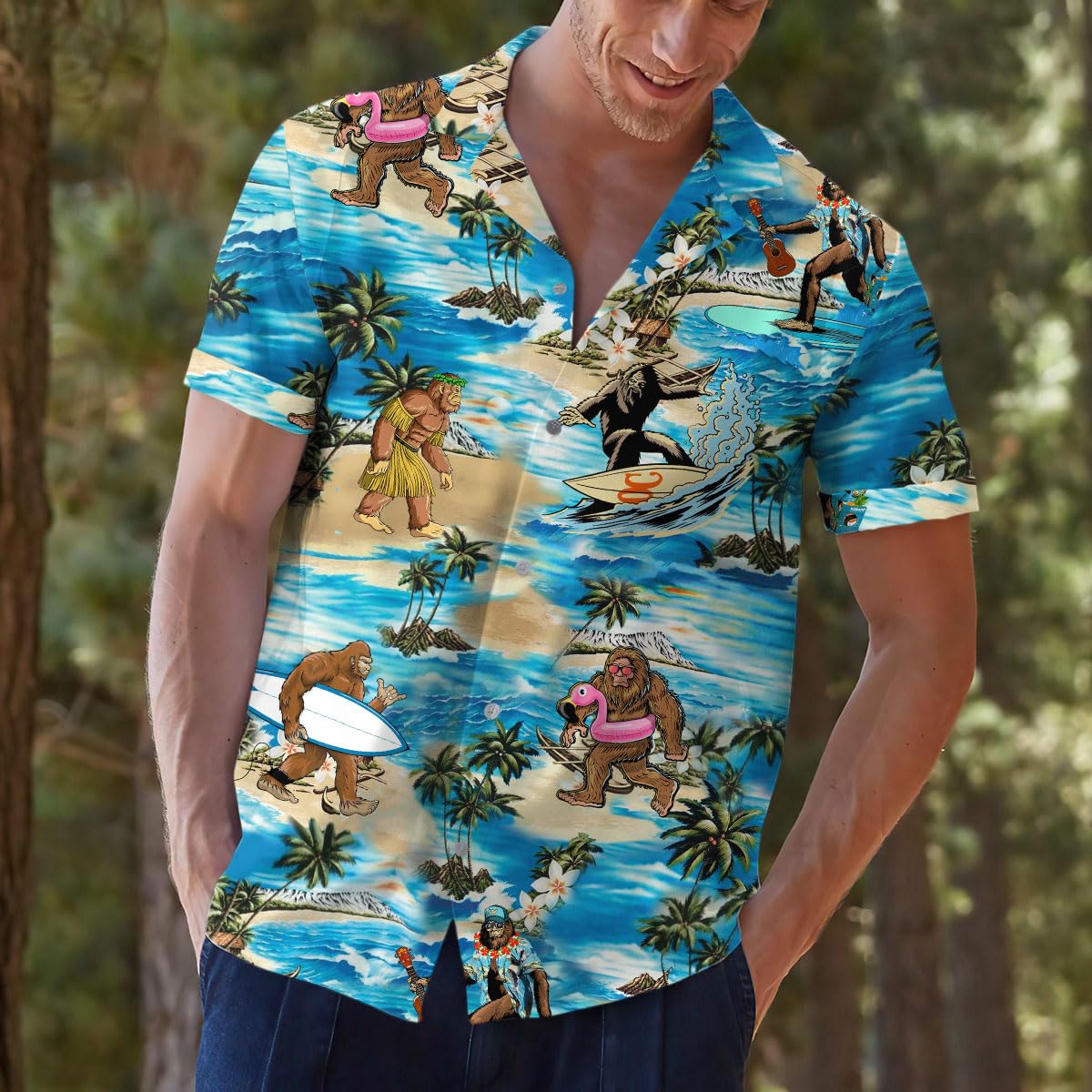 Funny Bigfoot Beach Hawaiian Shirt – Surfing Sasquatch Tropical Print