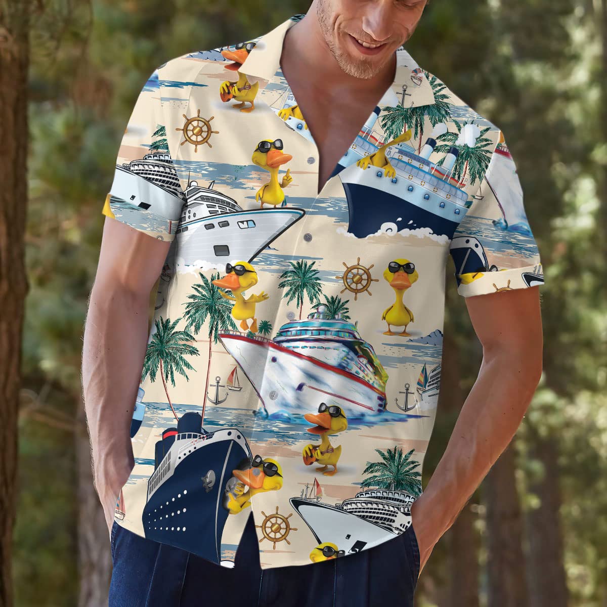Cruise Duck Hawaiian Shirt – Funny Tropical Boat & Palm Print Aloha Shirt
