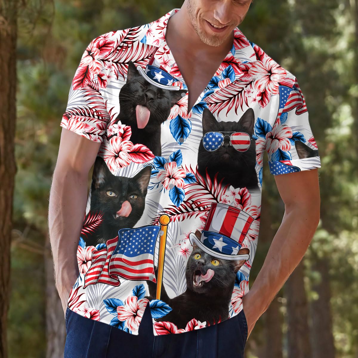 Black Cat Hawaiian Shirt – 4th of July Funny Patriotic Gift