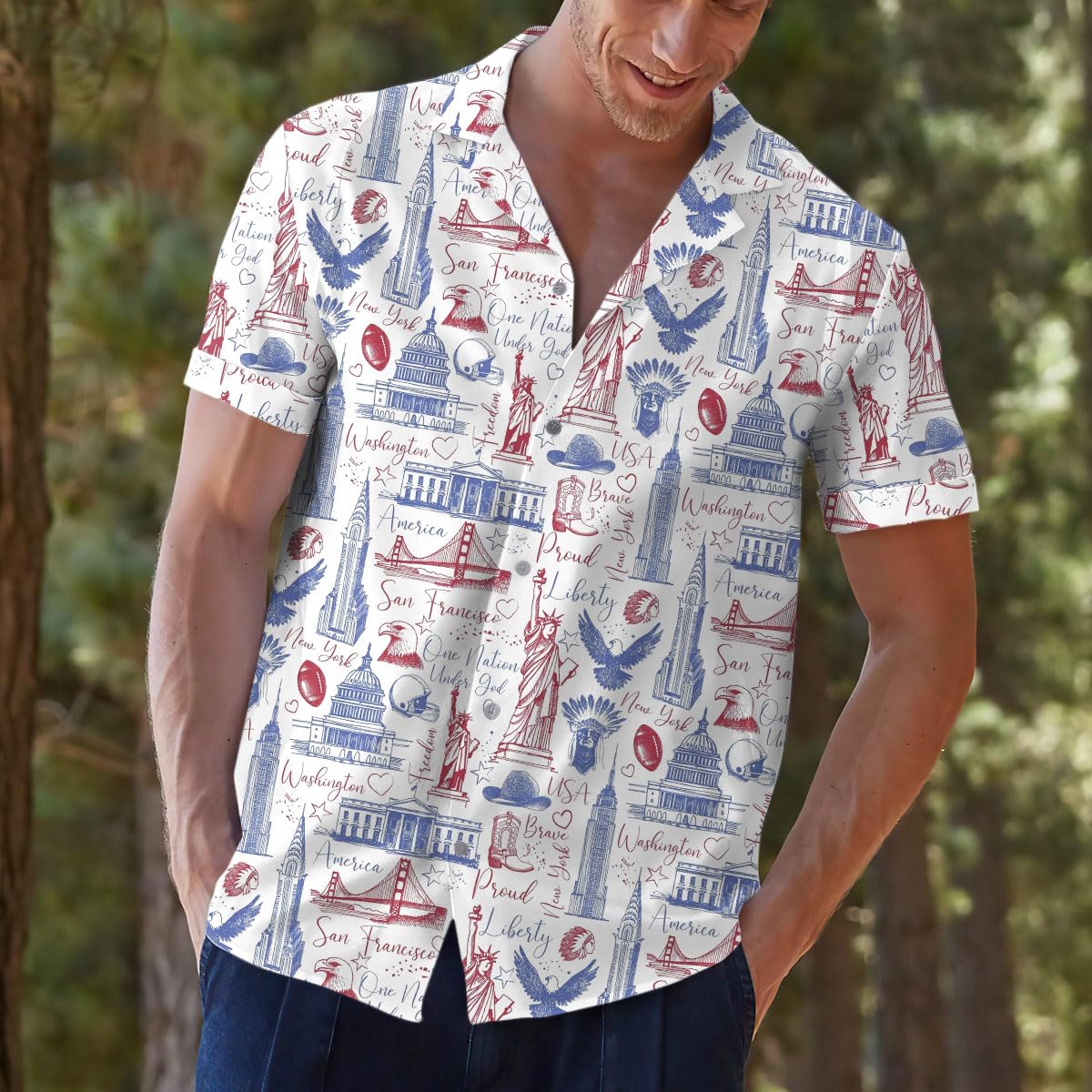 USA City Landmarks Hawaiian Shirt - Statue of Liberty, Capitol, and More