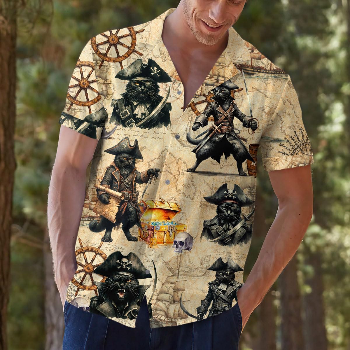 Pirate Cat Hawaiian Shirt – Funny Tropical Pirate Treasure Map Shirt