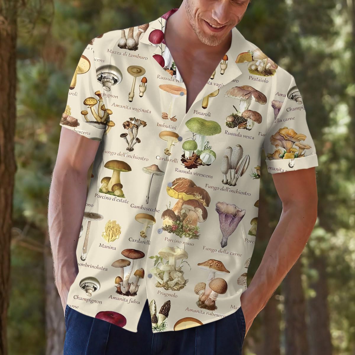 Vintage Mushroom Guide Hawaiian Shirt – Botanical Print Nature Lovers