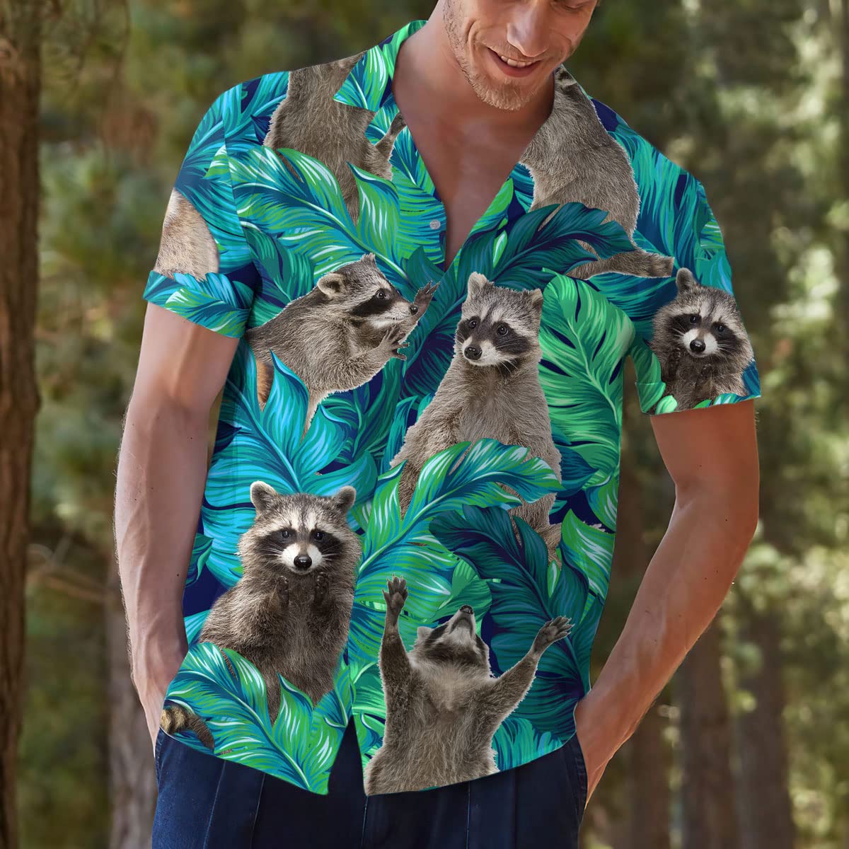 Funny Raccoon Hawaiian Shirt – Green Tropical Leaf Print Aloha Shirt
