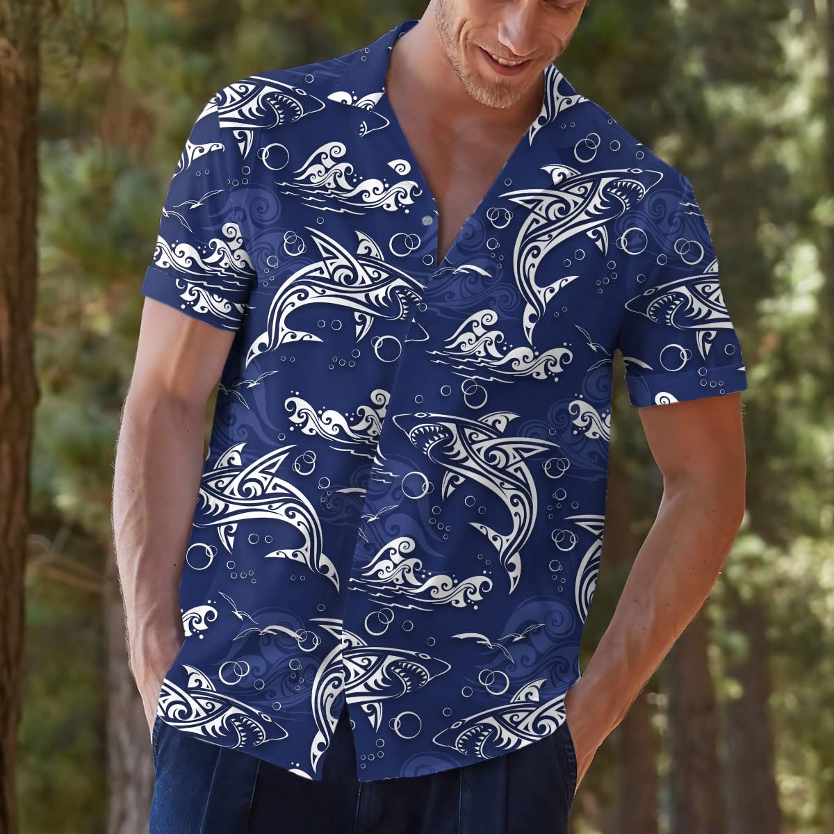 Tribal Shark Hawaiian Shirt – Navy Blue Ocean Aloha Shirt for Men