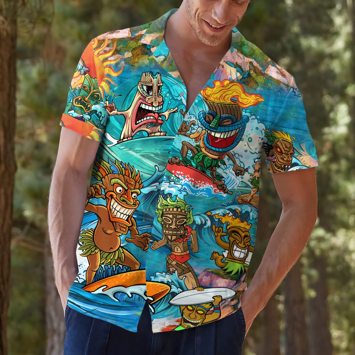 Men’s Funny Tiki Hawaiian Shirt – Cartoon Surfing Tribal Print Aloha Beach Button Down