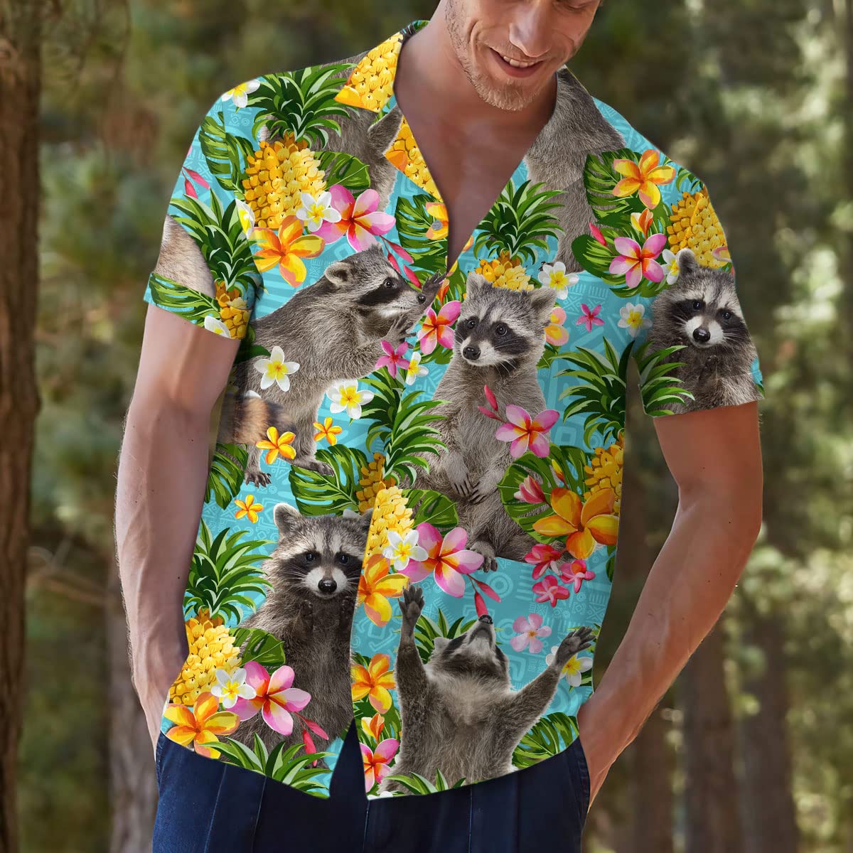 Funny Raccoon Hawaiian Shirt – Tropical Pineapple & Flower Print Aloha Shirt
