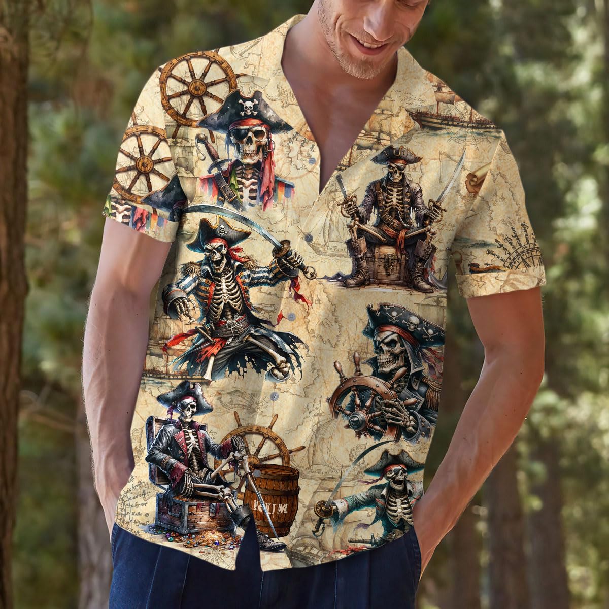 Skeleton Pirate Hawaiian Shirt – Halloween Pirate Aloha Shirt for Men