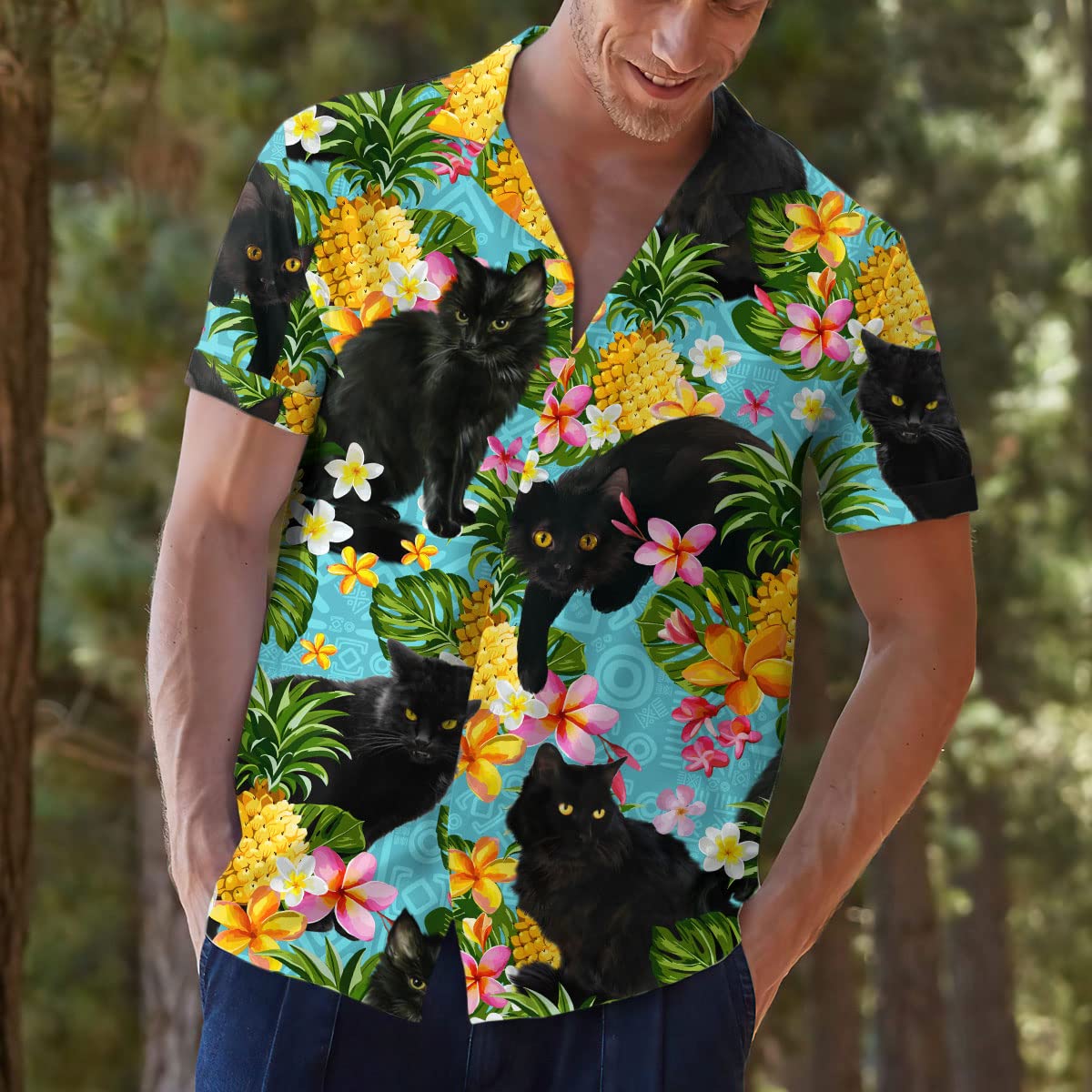 Black Cat Hawaiian Shirt – Tropical Pineapple & Floral Print Aloha Shirt