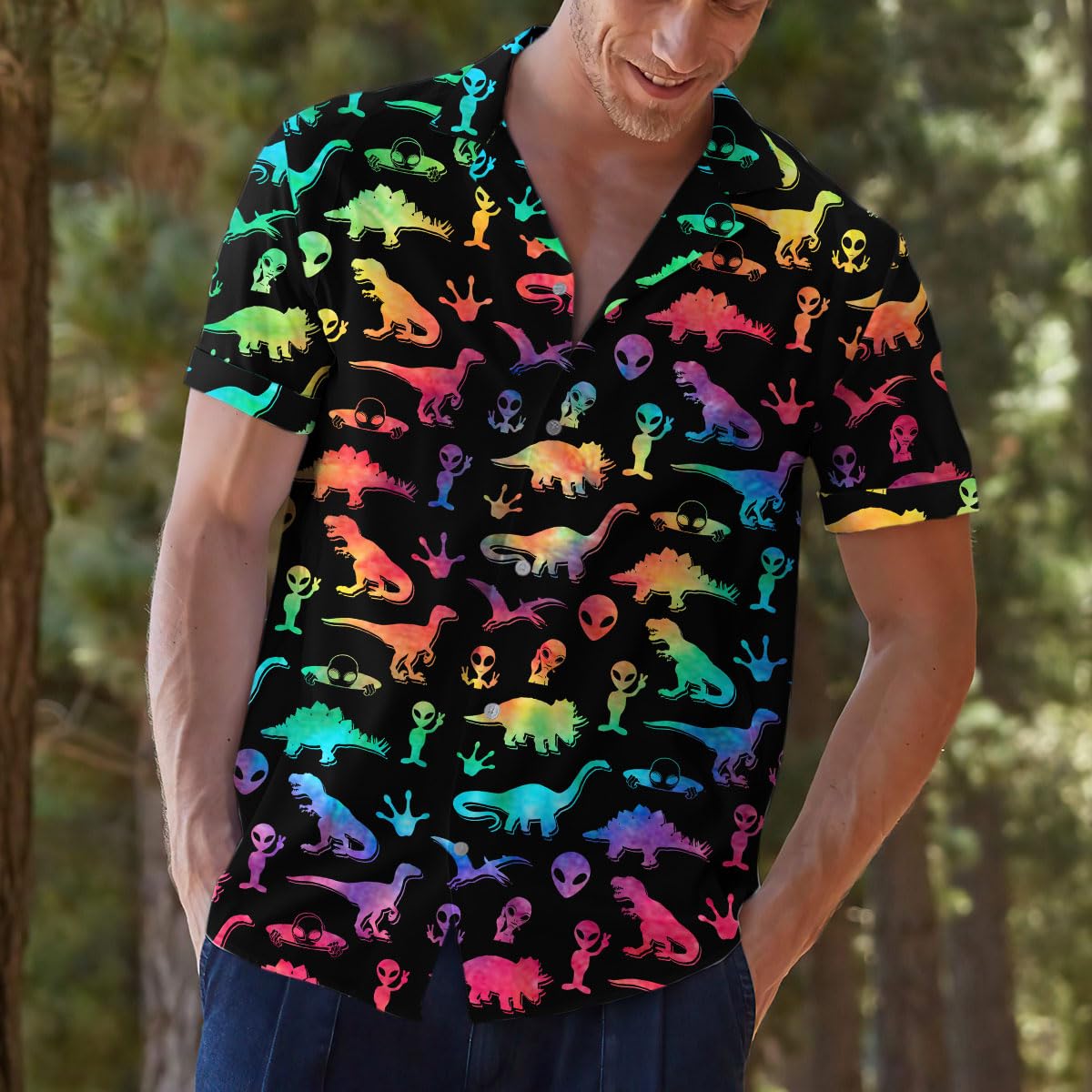 Rainbow Dinosaur Alien Hawaiian Shirt - Neon Galaxy Party Vibes