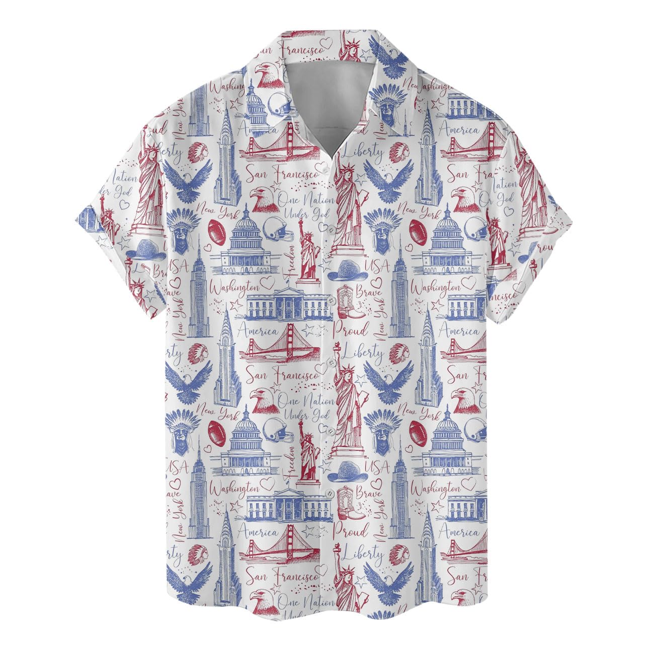 USA City Landmarks Hawaiian Shirt - Statue of Liberty, Capitol, and More