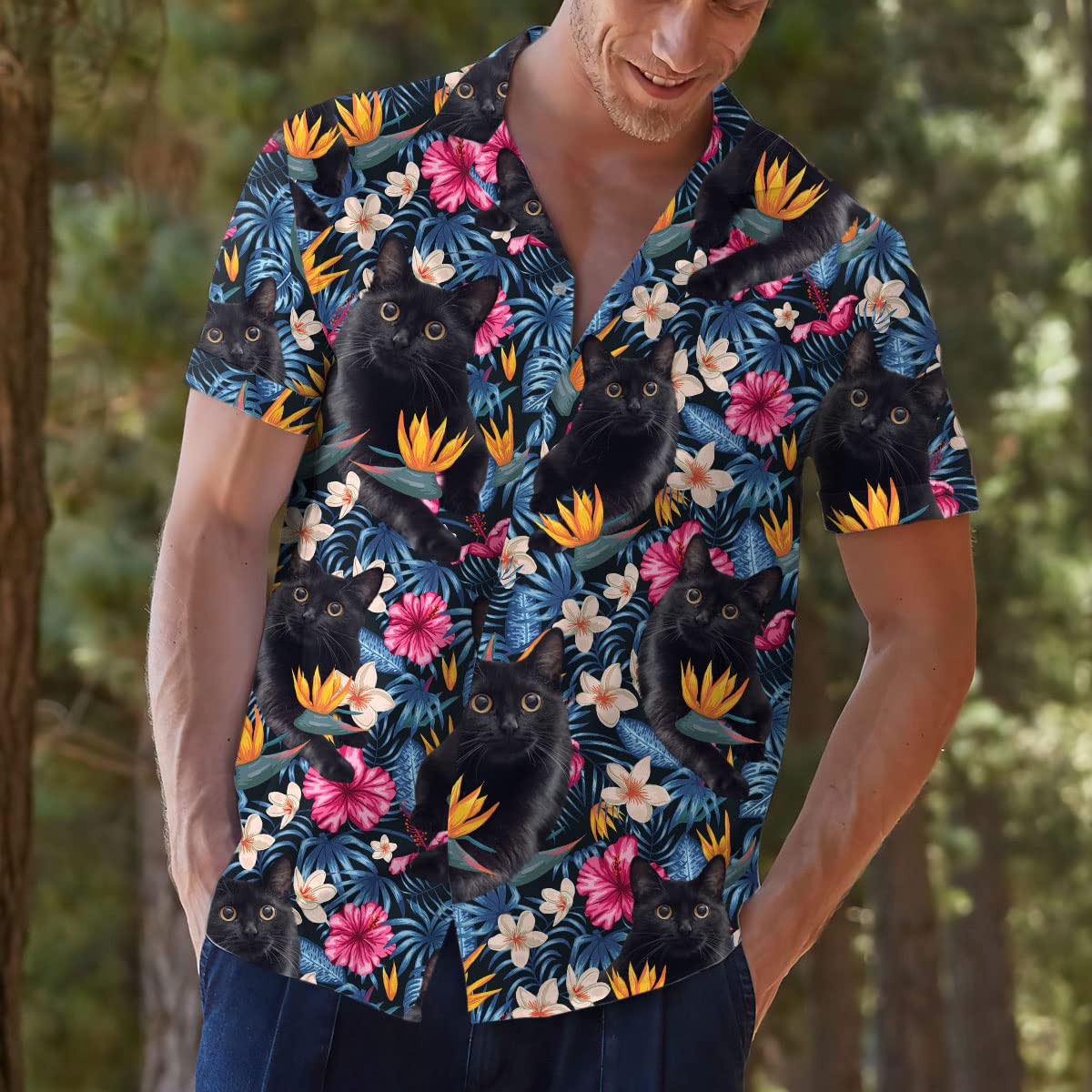 Floral Black Cat Hawaiian Shirts for Men Women