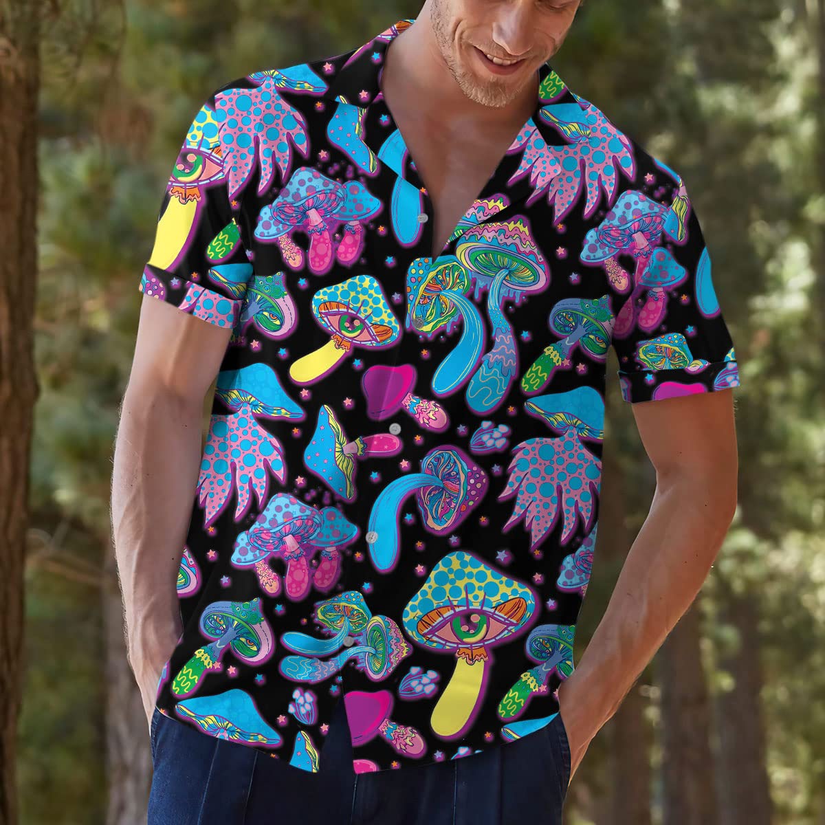 Psychedelic Mushroom Hawaiian Shirt – Trippy Neon Aloha Shirt for Festivals