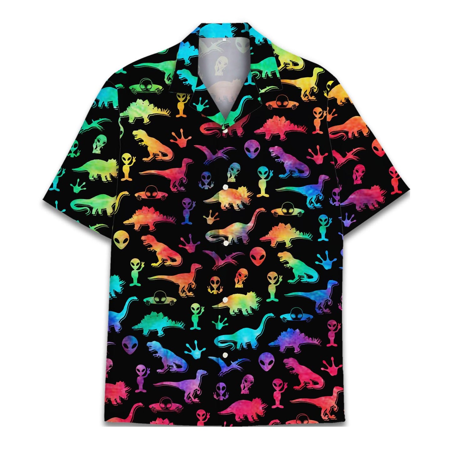 Rainbow Dinosaur Alien Hawaiian Shirt - Neon Galaxy Party Vibes
