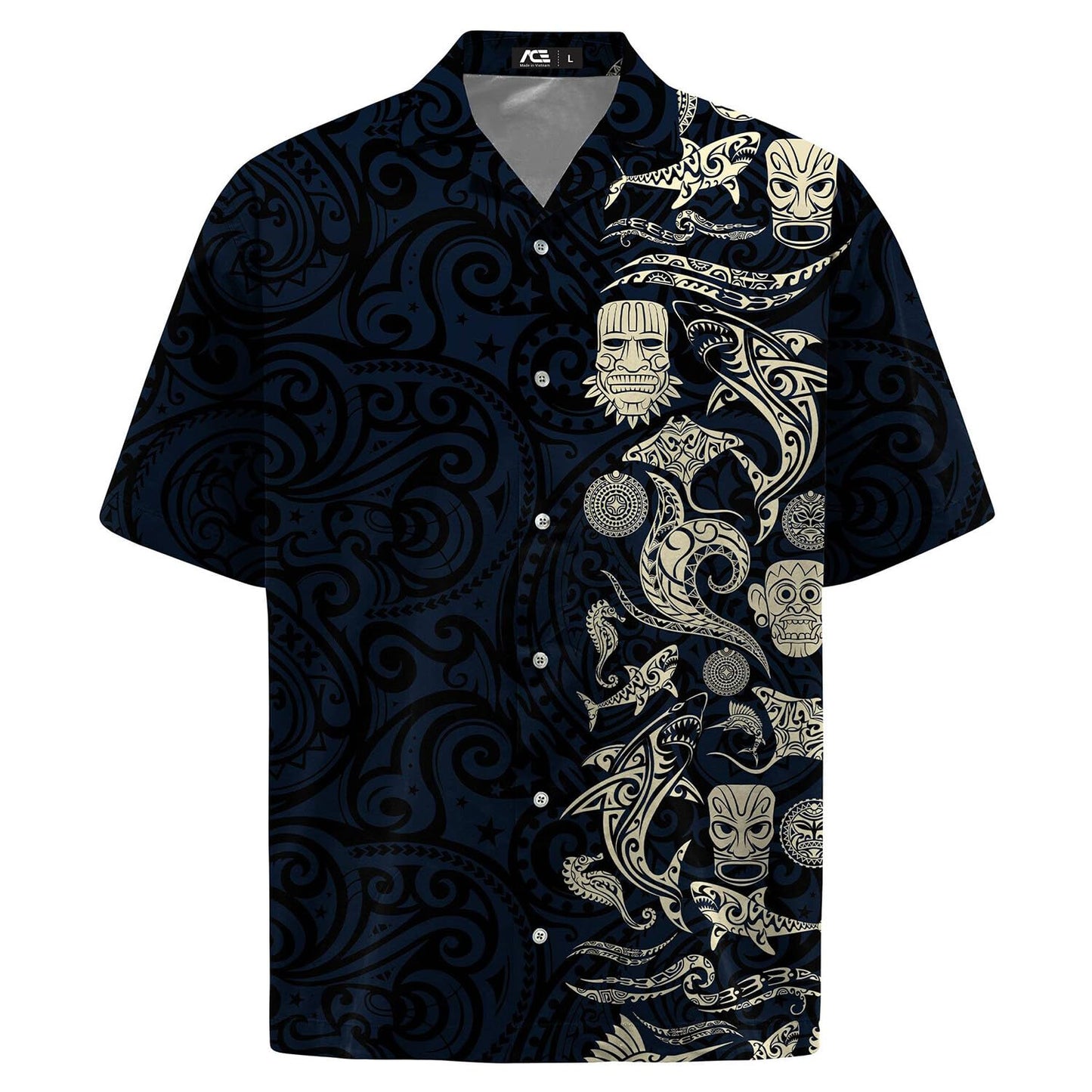 Polynesian Tribal Hawaiian Shirt – Black & Ivory Tiki Island Print
