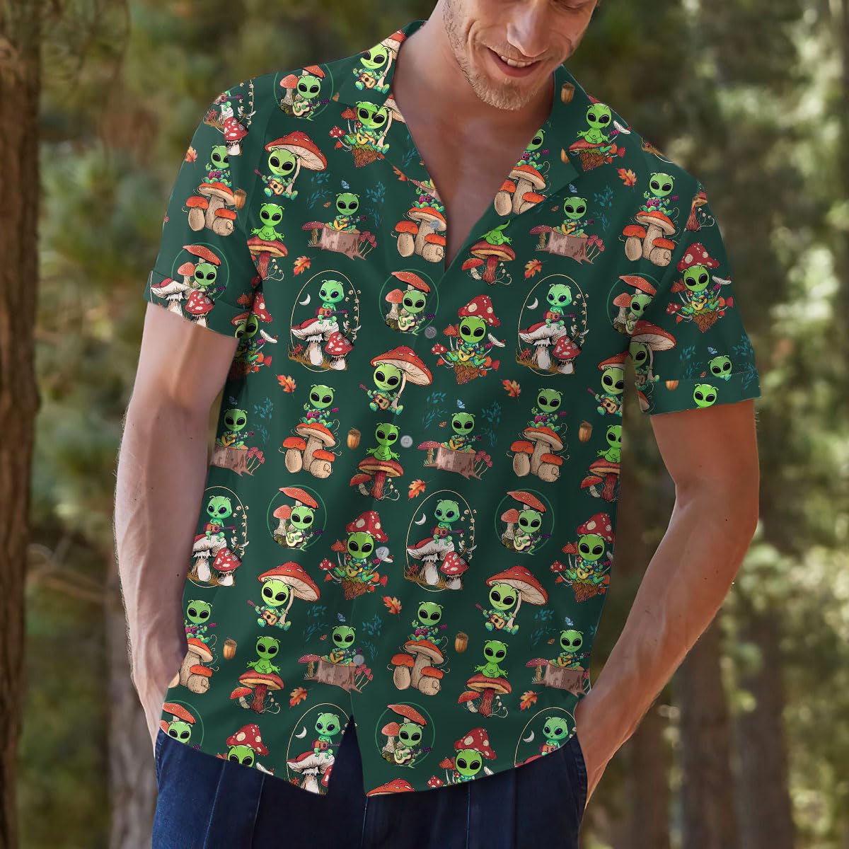 Alien Mushroom Hawaiian Shirt – Trippy Forest Alien Aloha Shirt