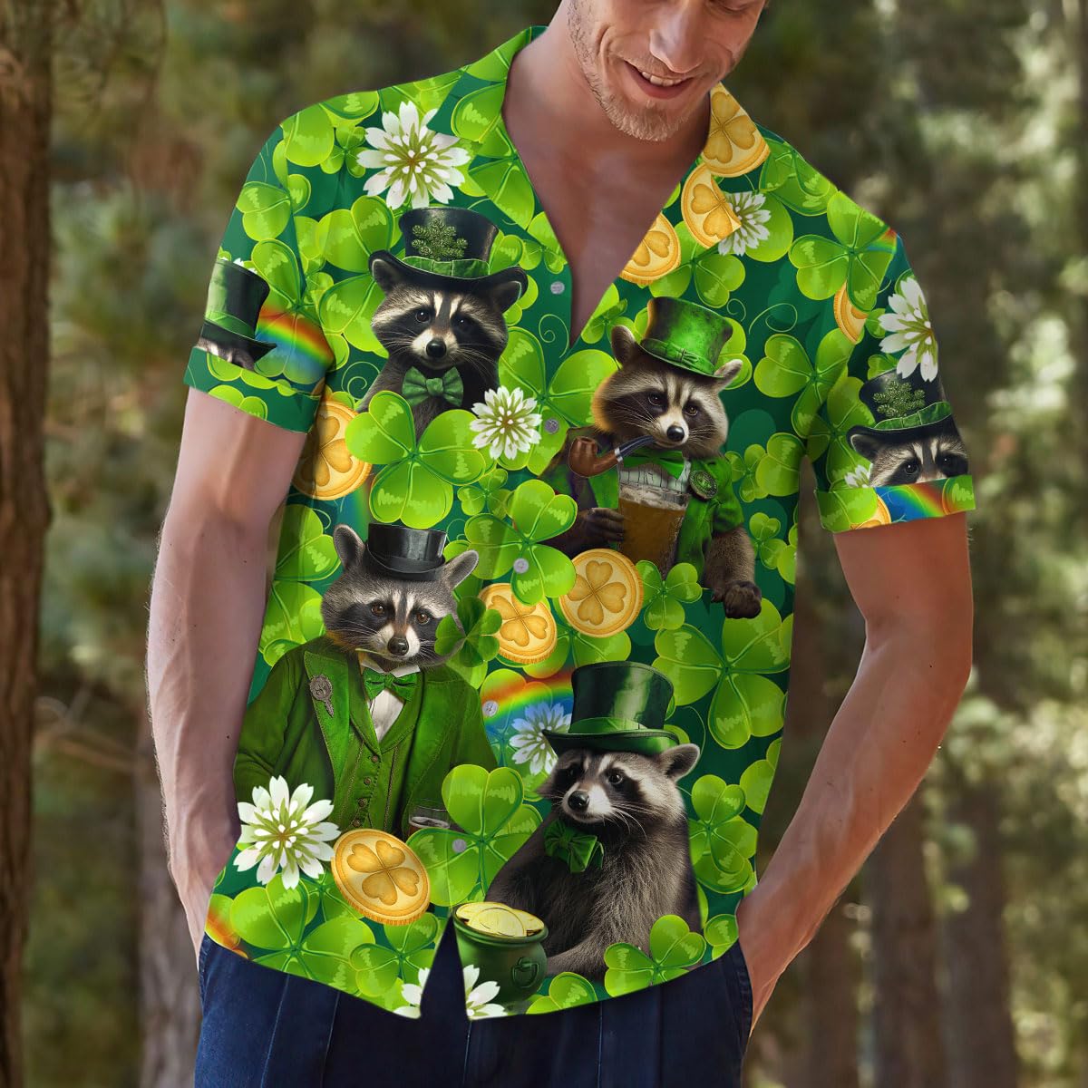 St. Patrick’s Day Raccoon Hawaiian Shirt – Lucky Leprechaun Clover Print