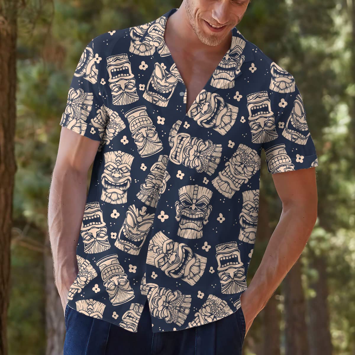 Red Tiki Hawaiian Shirt – Vintage Tribal Floral Print Aloha Beach Shirt