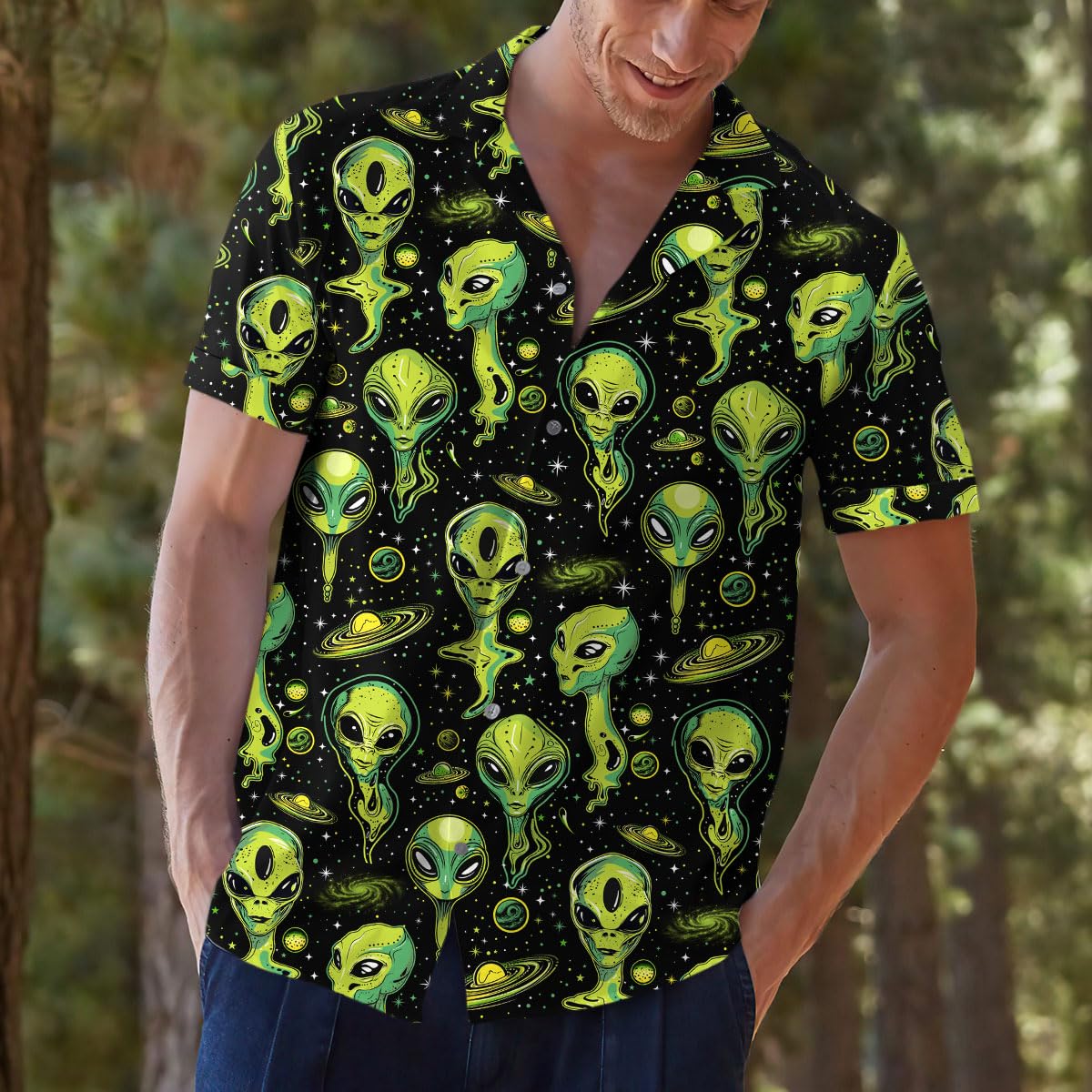 Neon Alien Pattern Hawaiian Shirt – Sci-Fi Space Lover Gift