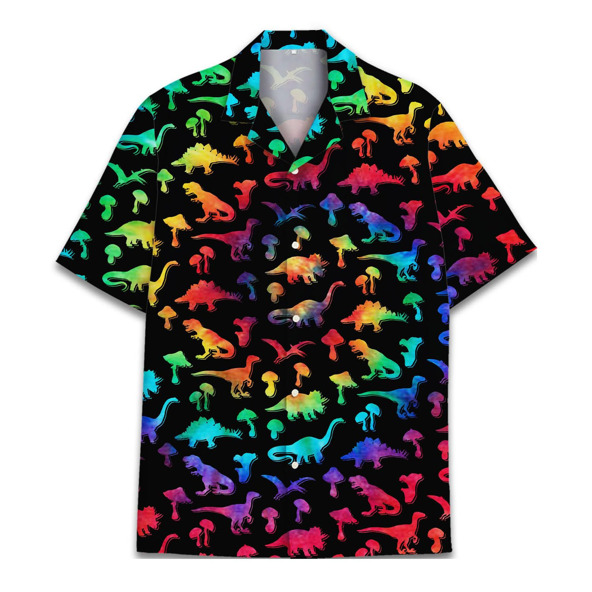 Rainbow Dinosaur Hawaiian Shirt – Colorful Dino & Mushroom Print