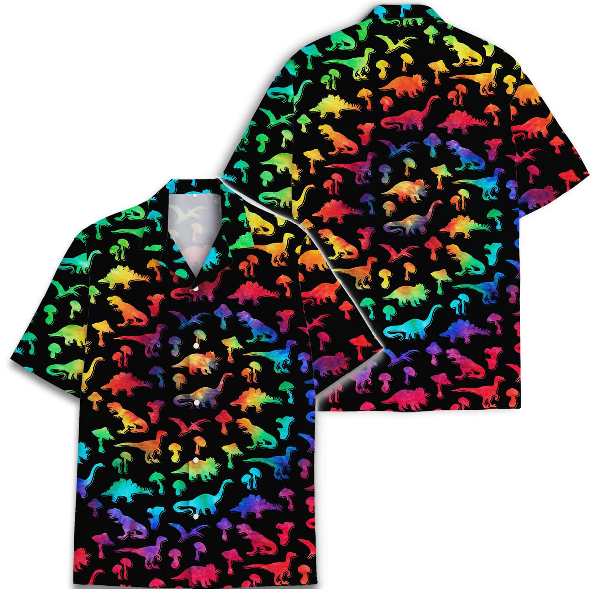 Rainbow Dinosaur Hawaiian Shirt – Colorful Dino & Mushroom Print