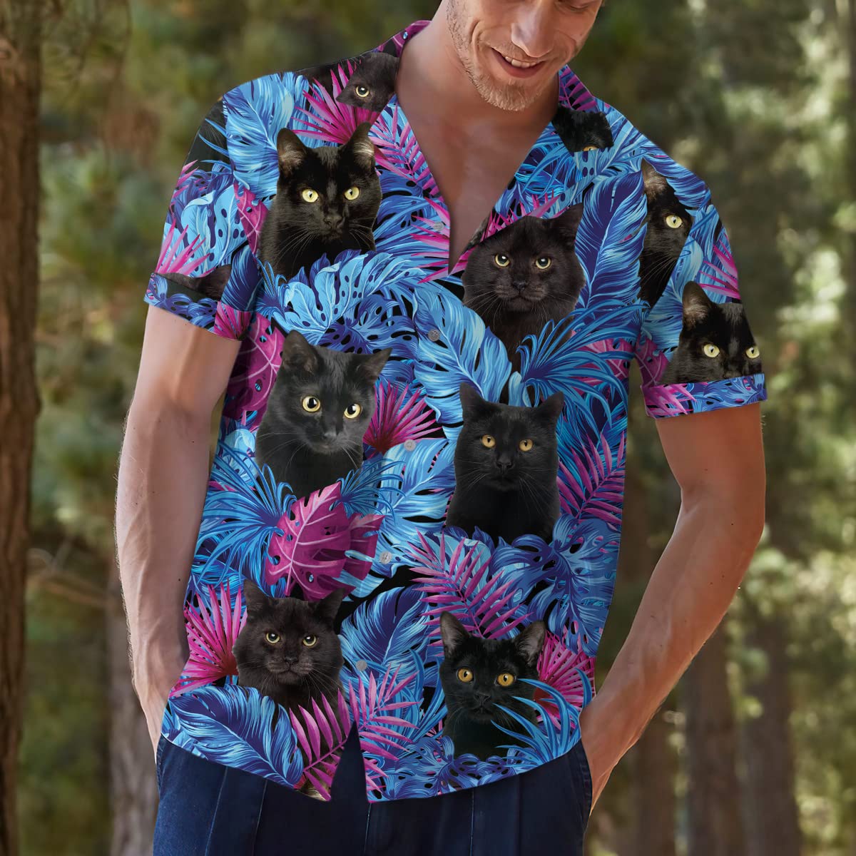 Black Cat Hawaiian Shirt – Tropical Jungle Leaves Aloha Shirt for Cat Lovers