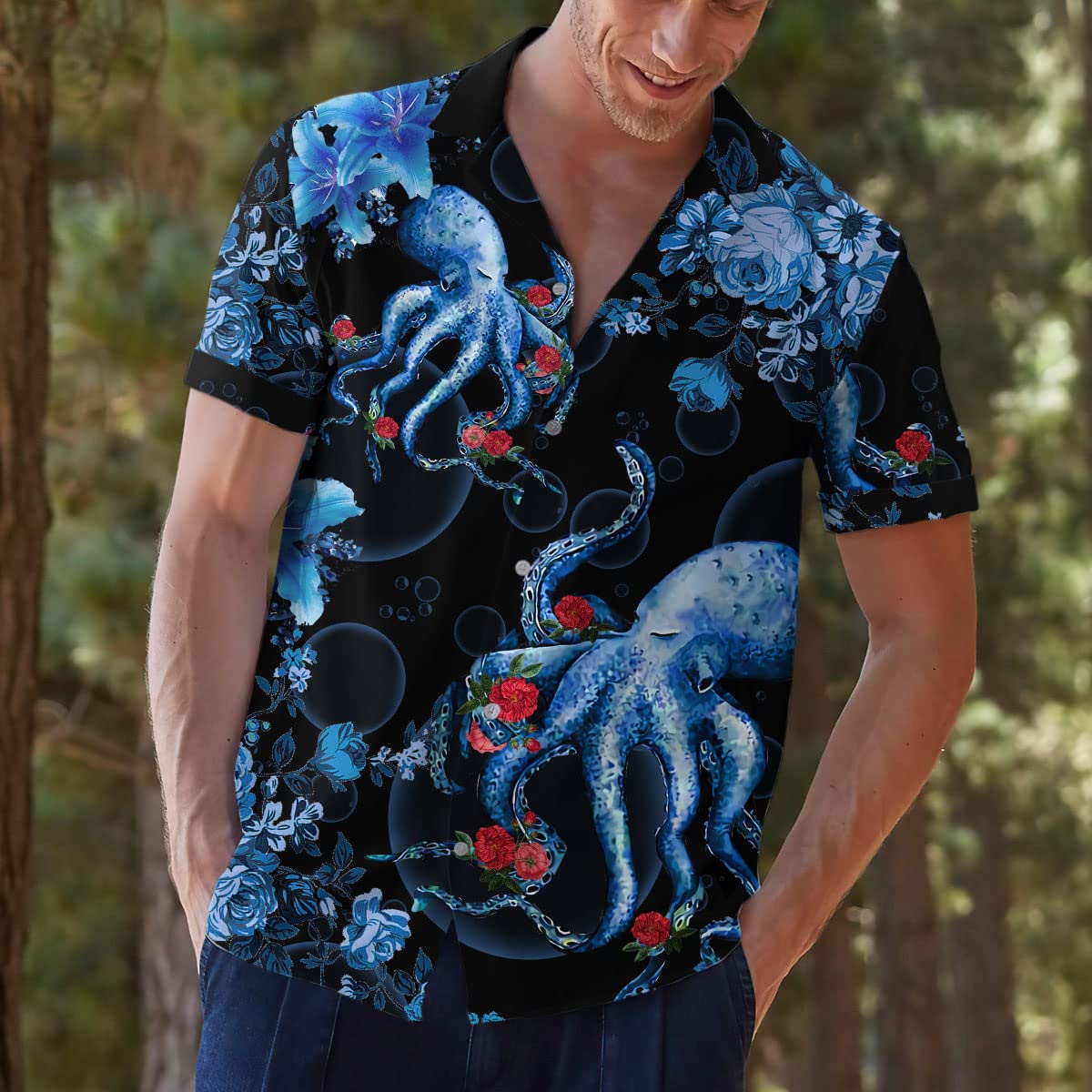 Octopus Floral Hawaiian Shirt – Blue Tentacle & Rose Print Aloha Shirt