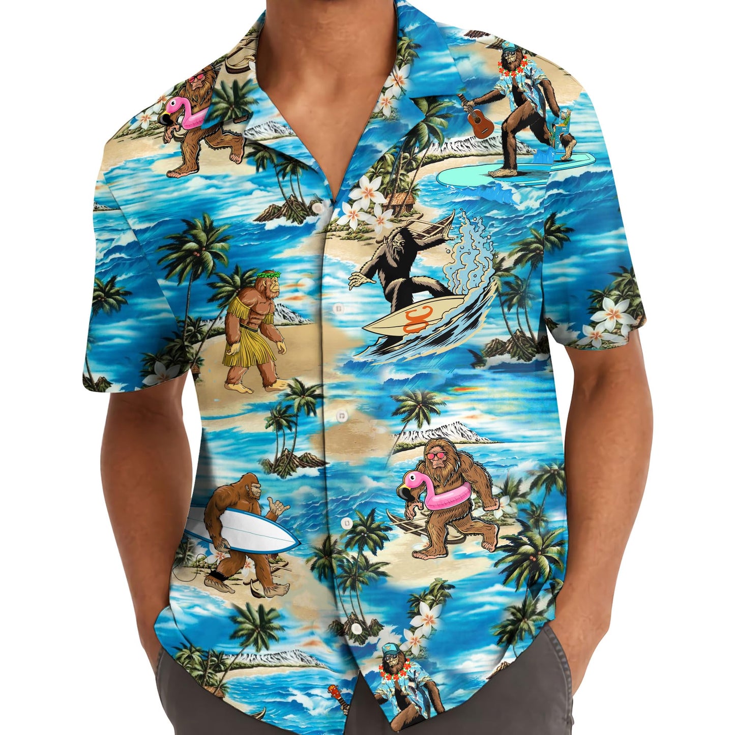 Funny Bigfoot Beach Hawaiian Shirt – Surfing Sasquatch Tropical Print