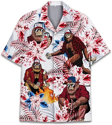 Men's Hawaiian shirt with USA Bigfoot graphic print and tropical floral design