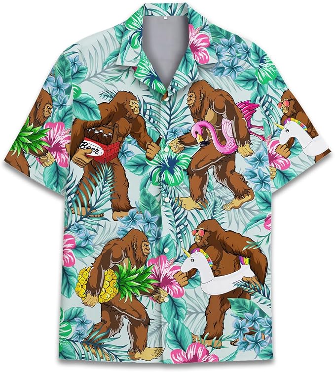 Sasquatch Hawaiian shirt with tropical leaves and playful characters print