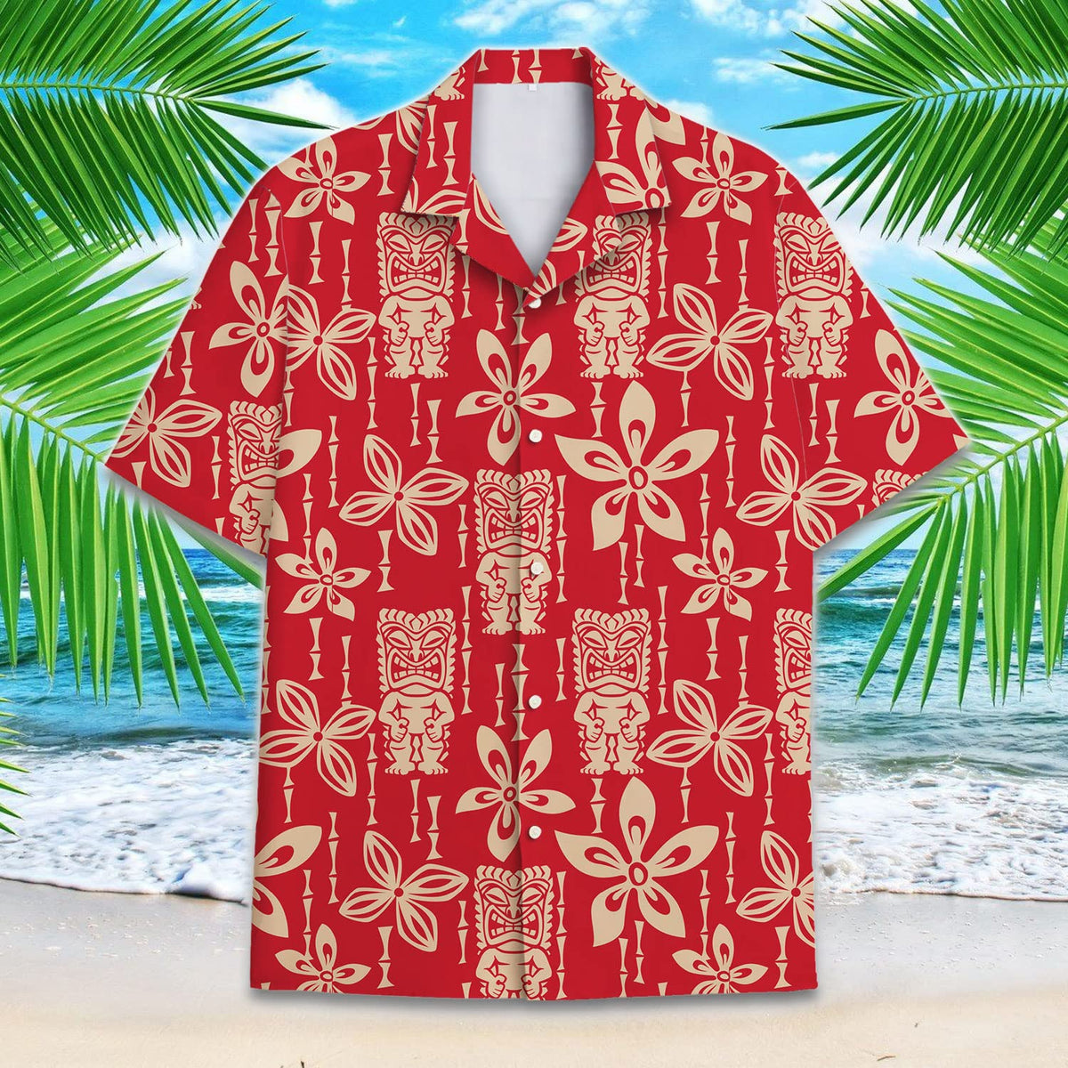 Red Tiki Hawaiian Shirt – Vintage Tribal Floral Print Aloha Beach Shirt