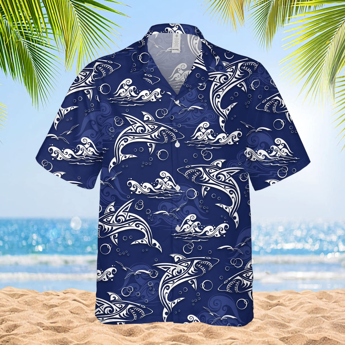 Tribal Shark Hawaiian Shirt – Navy Blue Ocean Aloha Shirt for Men
