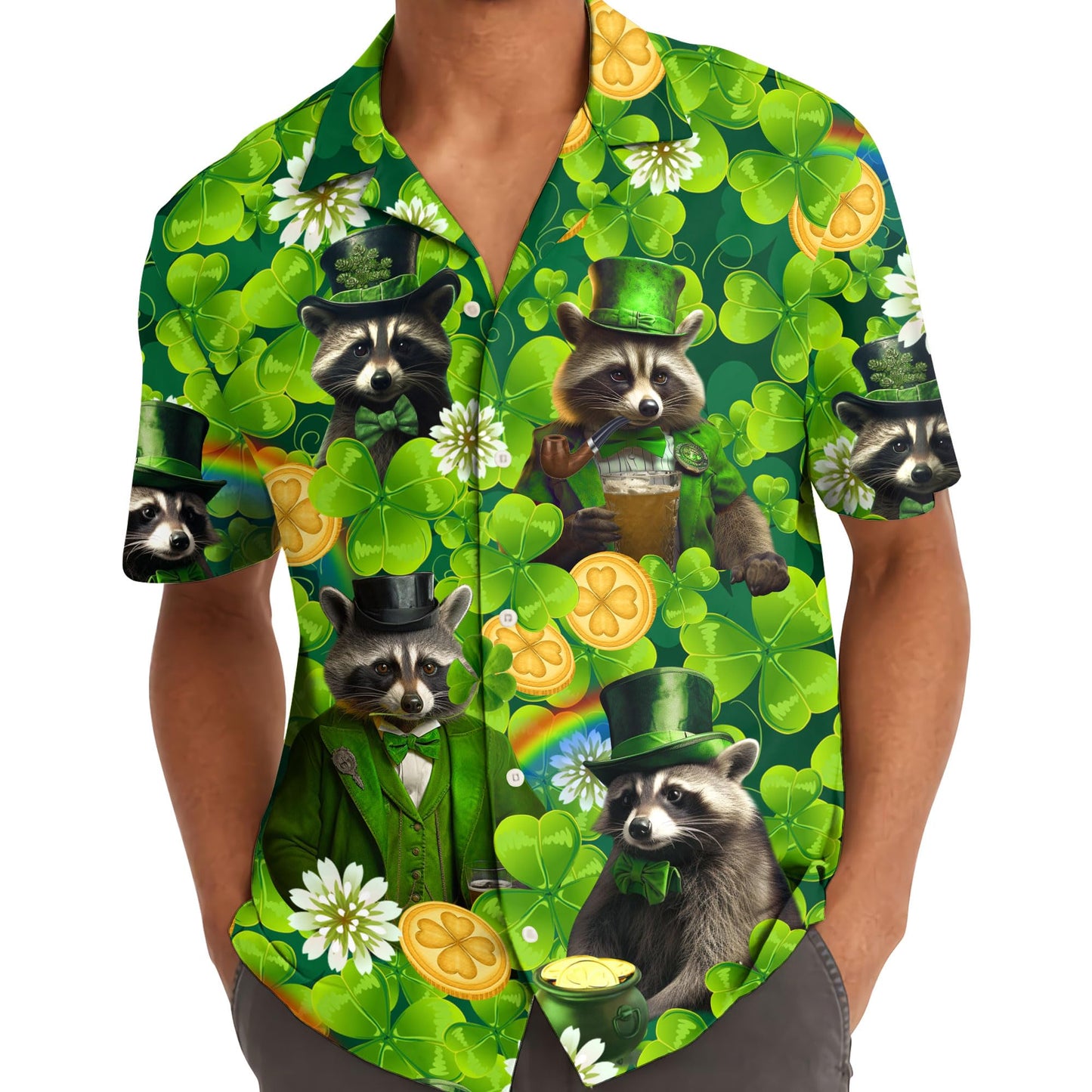 St. Patrick’s Day Raccoon Hawaiian Shirt – Lucky Leprechaun Clover Print