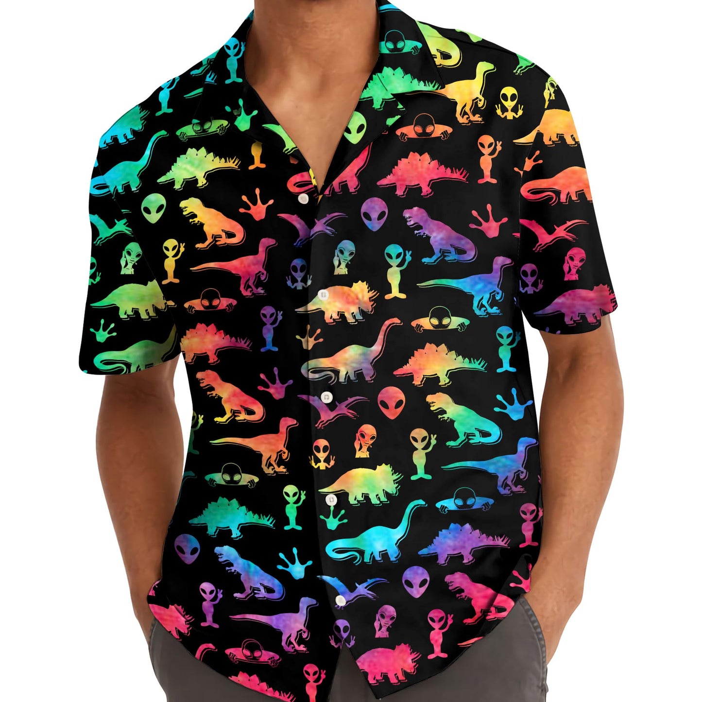 Rainbow Dinosaur Alien Hawaiian Shirt - Neon Galaxy Party Vibes