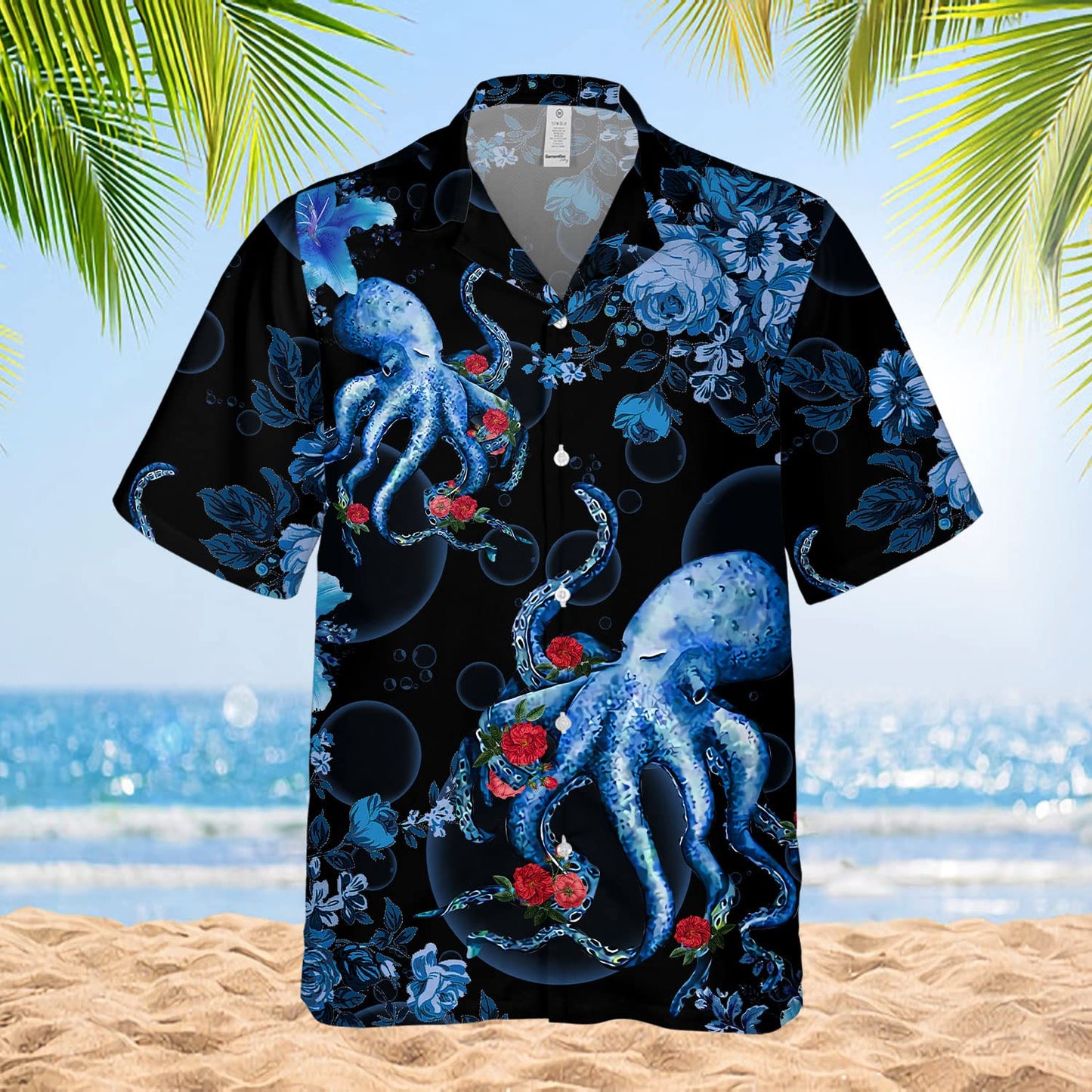 Octopus Floral Hawaiian Shirt – Blue Tentacle & Rose Print Aloha Shirt