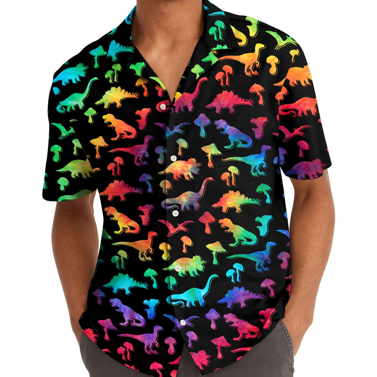 Rainbow Dinosaur Hawaiian Shirt – Colorful Dino & Mushroom Print