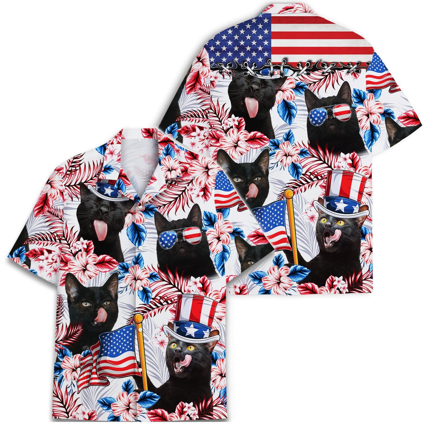 Black Cat Hawaiian Shirt – 4th of July Funny Patriotic Gift