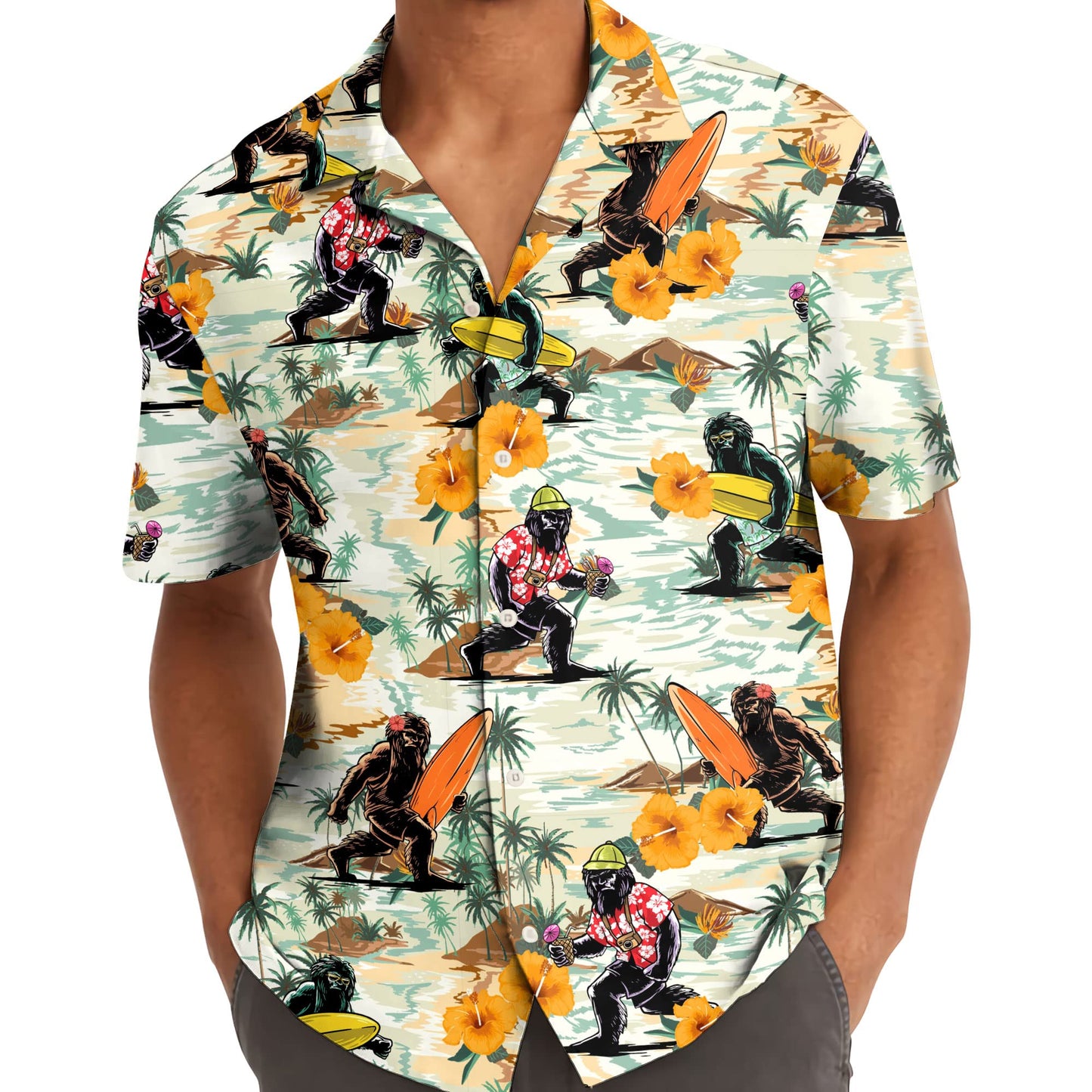 Surfing Bigfoot Hawaiian Shirt – Funny Sasquatch Aloha Shirt with Ukulele & Surfboard