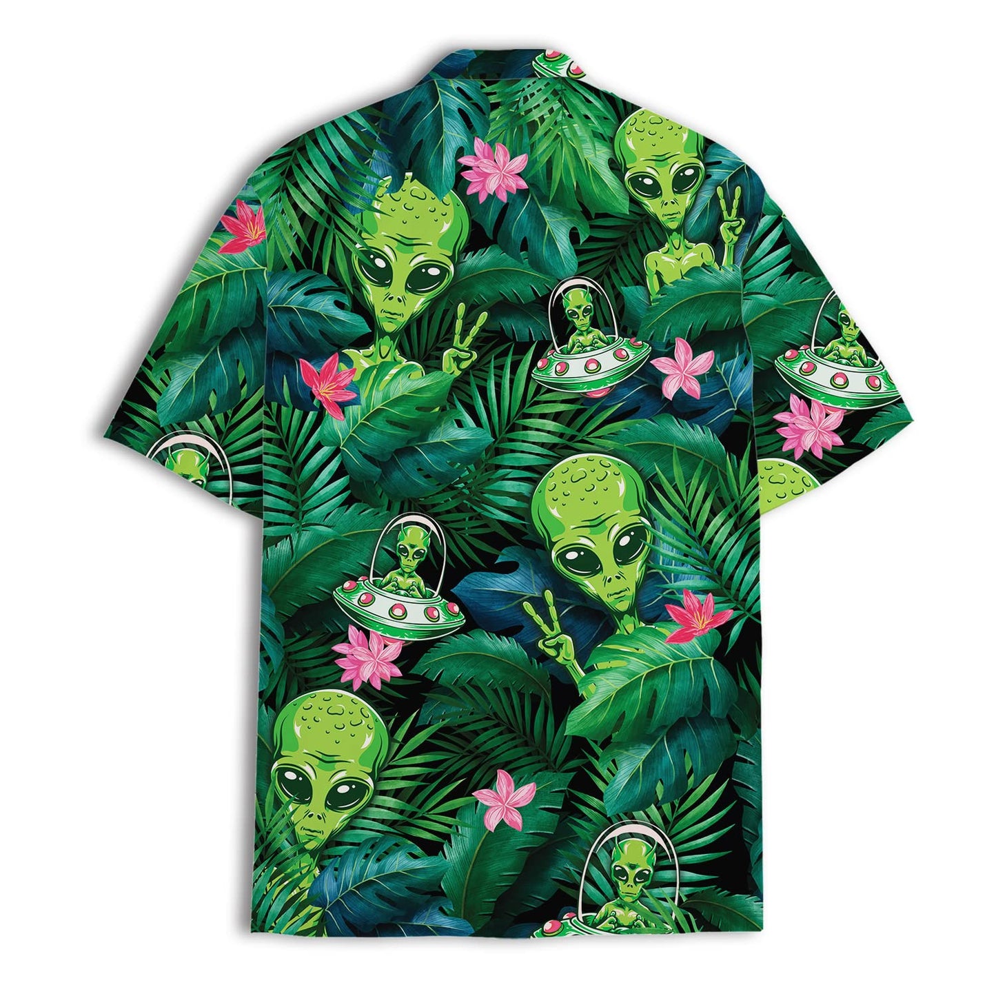 Alien Hawaiian Shirt – Funny UFO Aloha Shirt with Tropical Jungle & Peace Sign