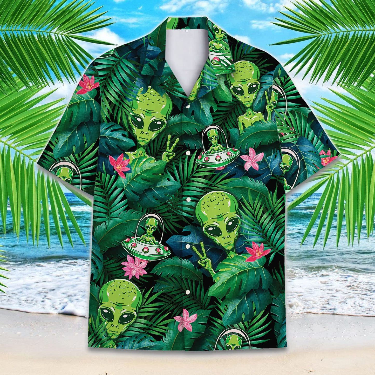 Alien Hawaiian Shirt – Funny UFO Aloha Shirt with Tropical Jungle & Peace Sign