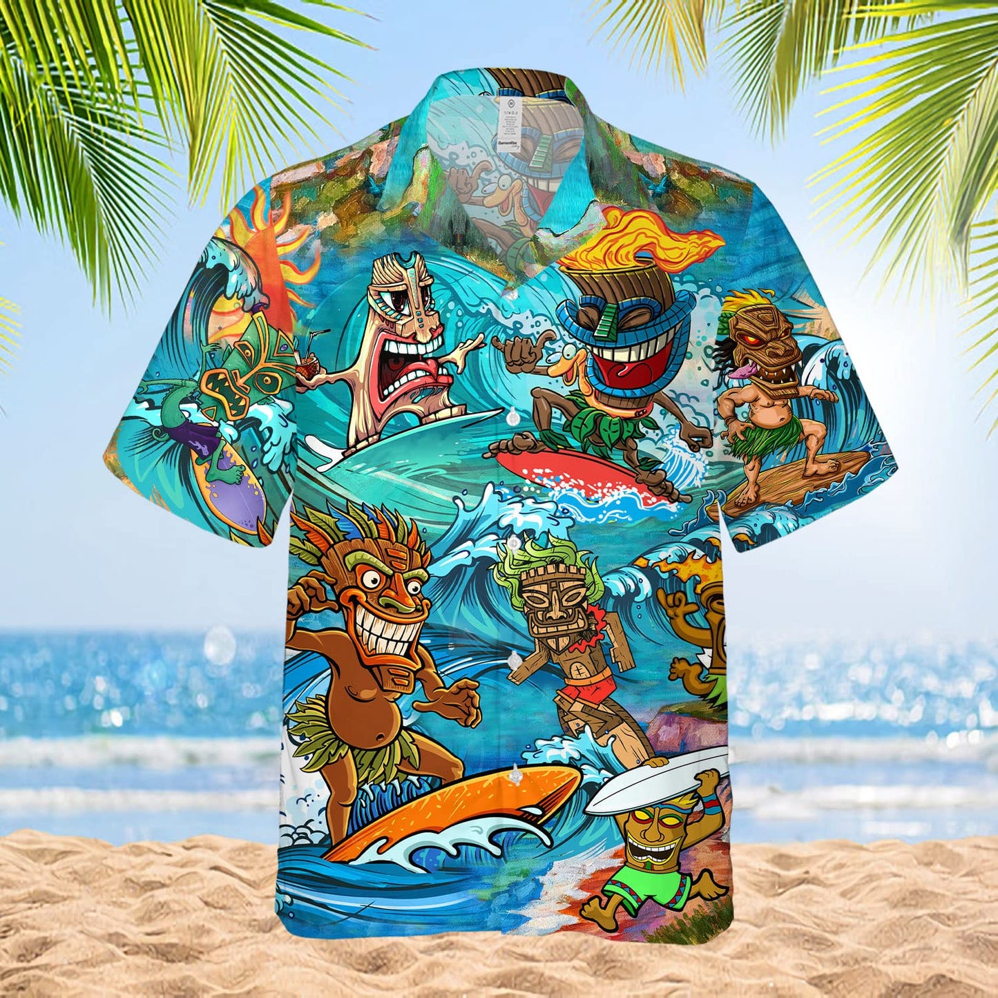 Men’s Funny Tiki Hawaiian Shirt – Cartoon Surfing Tribal Print Aloha Beach Button Down