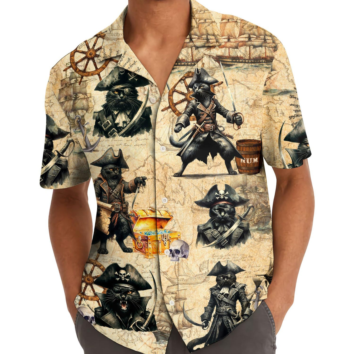 Pirate Cat Hawaiian Shirt – Funny Tropical Pirate Treasure Map Shirt