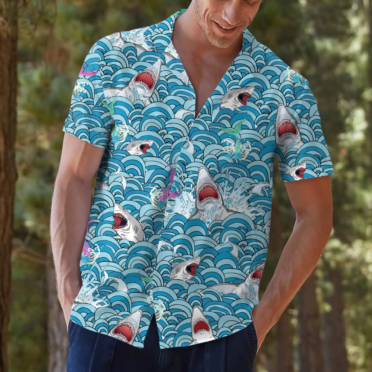 Shark Attack Hawaiian Shirt – Funny Ocean Waves & Mermaid Print Aloha Shirt