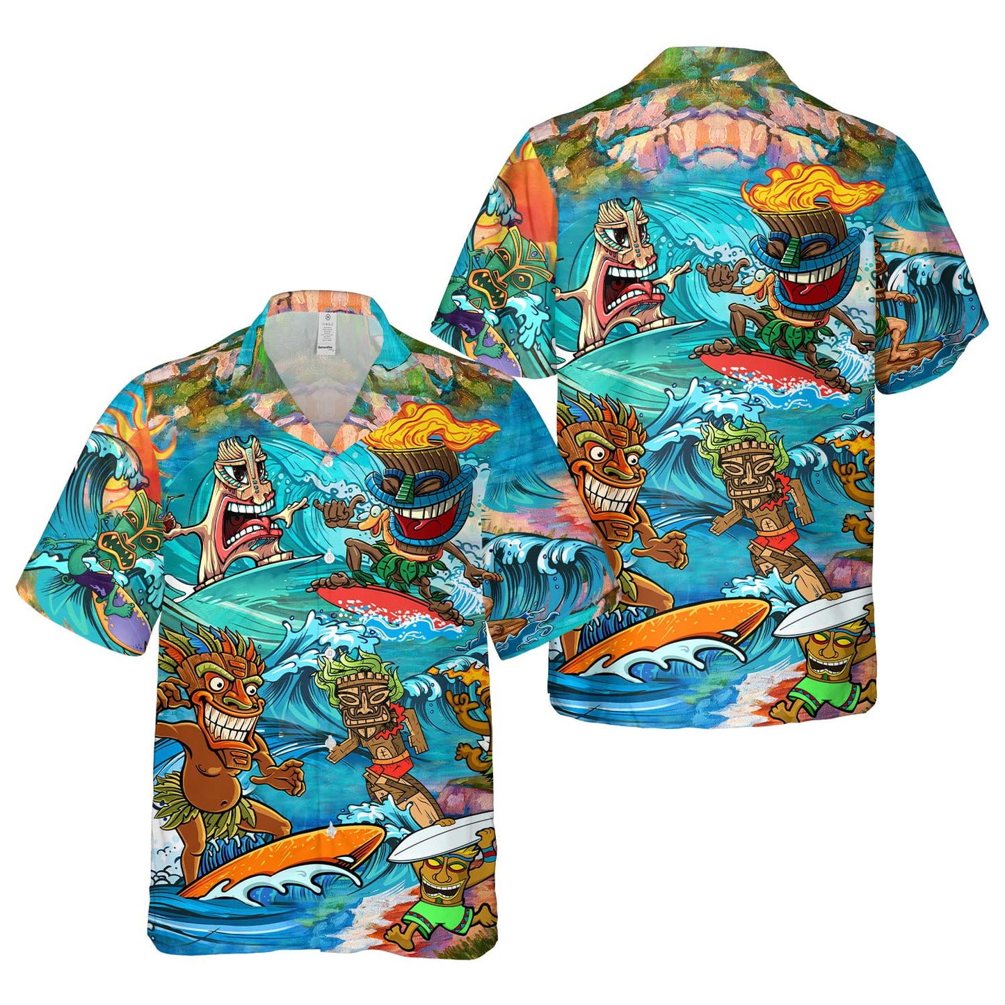Men’s Funny Tiki Hawaiian Shirt – Cartoon Surfing Tribal Print Aloha Beach Button Down